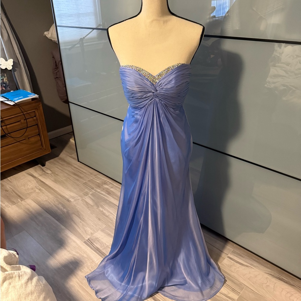 La Femme Blue Ruched Strapless Gown